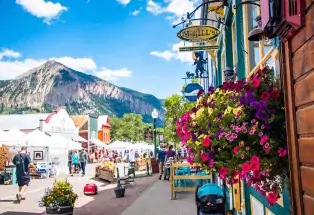 Colorful downtown Crested Butte surrounded by flowers and peaks