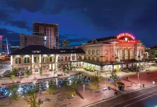 Denver's Union Station lit up at night