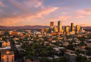 Love is in the air over Denver's skyline at sunset