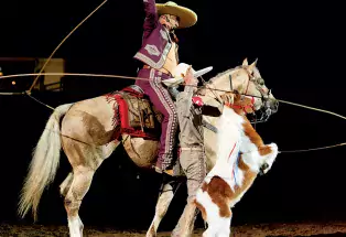 Two cowboys and horses at Mexican Rodeo Extravaganza at Denver's National Western Stock Show