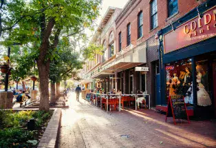 Boulder's Pearl Street in summer with Papa Sushi in the background.
