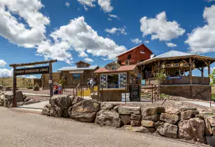 Playground with Tommy Knocker Land sign, Dippin' Dots Stand, Carousel under a cover and red barn in the background. Low rock wall and people in the foreground.