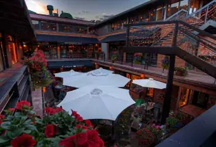 An outdoor dining venue with umbrellas