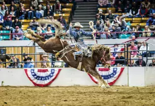 Cowboy riding a horse at a rodeo