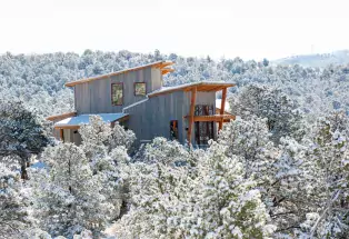 Snow covered Royal Gorge cabins rising up from trees coated in snow