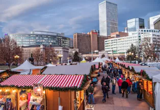 The shopping booths of Denver Christkindl Market in Civic Center Park