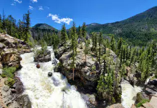 Water rushing over rocks Adams Falls on East Inlet Train in Rocky Mountain National Park