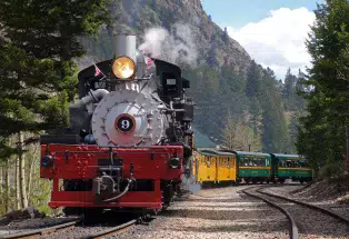 The engine and several cars of the Georgetown Loop Rail Road
