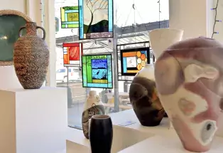 Vases and stained glass at the Blue Pig Gallery in Palisade, Colorado 