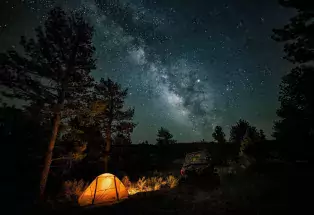 A view of the Milky Way near Westcliffe, with towering pine trees and the warm glow from a yellow tent lit from within