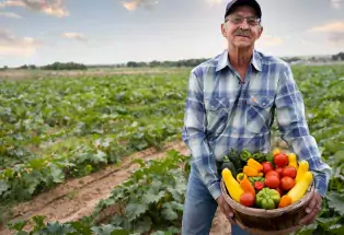 A man standing in a field of crops holds a basket with squash, tomatoes and peppers