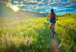 Person biking on a singletrack trail cutting through the prairie in Fort Collins, Colorado