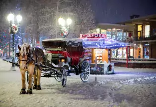 Horse drawn carriage in a snowy mountain town.