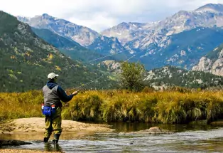 A man stream fishing in Rocky Mountain National Park with fall colors and mountain peaks rising in the distance
