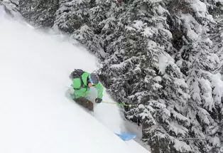 A person in a bright green jacket skis down a mountain in Colorado's backcountry