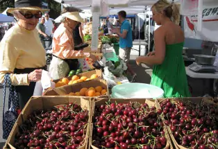 Cherries and peaches at the Aspen Farmers Market in Aspen, Colorado