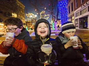 Hot chocolate sippin’ on Pearl Street Hot chocolate sippin’ with three kids on Pearl Street