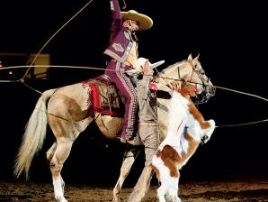 Mexican Rodeo Extravaganza at Denver's National Western Stock Show Two cowboys and horses at Mexican Rodeo Extravaganza at Denver's National Western Stock Show